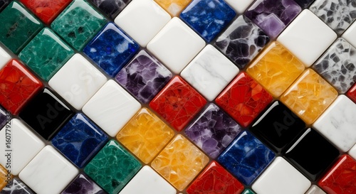 Colorful Glossy Stone Tiles Close-Up – Geometric Pattern, Multicolor Marble Texture Background