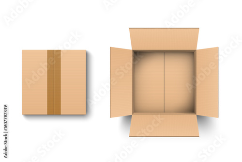 Cardboard box realistic. Top view of brown delivery packaging boxes. Warehouse goods. Sealed box for post transport, warehouse, storage. Mockup design. Vector illustration