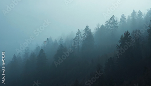 A thick fog enveloped the trees in the forest