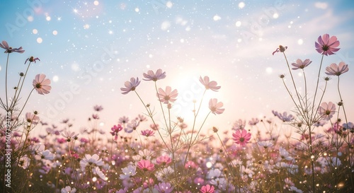 Sunlit Field of Pink and White Cosmos Flowers with Bokeh Sparkle.

