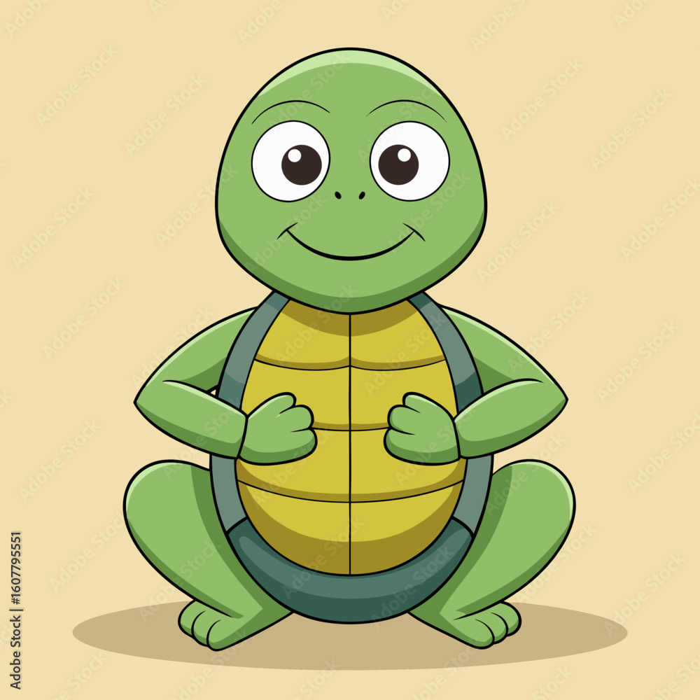 Fototapeta premium Cute cartoon green turtle sitting with hands on shell on light yellow background animal reptile