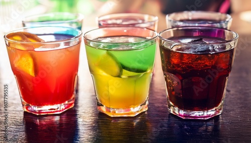 row of colored drinks on the table