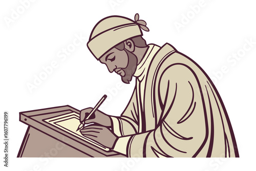 Ancient apothecary preparing medicine in a storeroom with shelves of bottles and jars