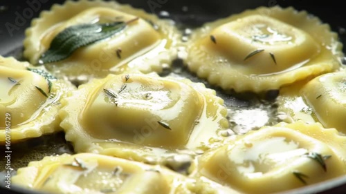 Delicious ravioli pasta recipe cooking in pan with butter and sage for gourmet food lovers video 4k
