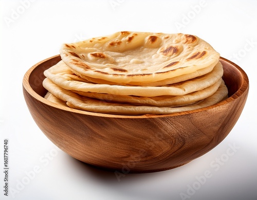 roti flatbread stack in wooden bowl on white background