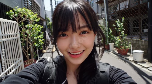 Smiling Young Woman Taking a Selfie on a City Street / 都会の通りで明るく微笑む若い女性のセルフィー