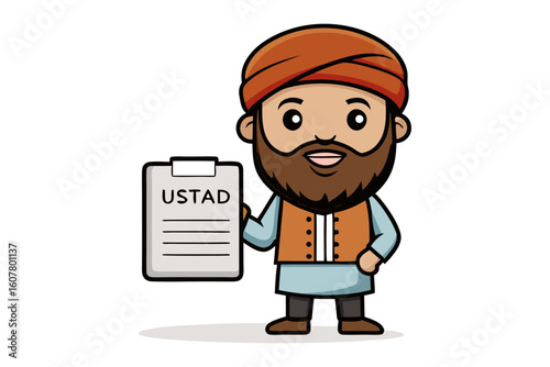 Cartoon illustration of a muslim man wearing a kufi cap and holding a laptop computer for work or study