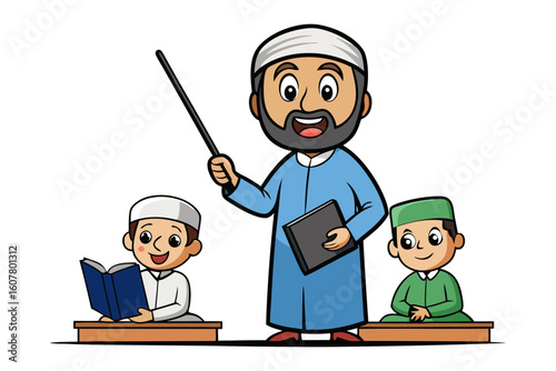 Wise elderly scholar with a long white beard and spectacles happily reading an open book surrounded by more books