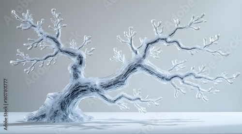 Abstract branching sculpture made from ice resembling frozen tree with intricate icy branches casting soft shadows on smooth surface