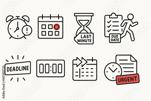 Vector Icons for Time Management and Deadlines, Featuring Calendar, Hourglass, and Alarm Clock