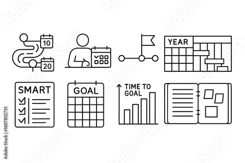 Collection of 8 Black and White Line Icons for Planning and Goal Setting