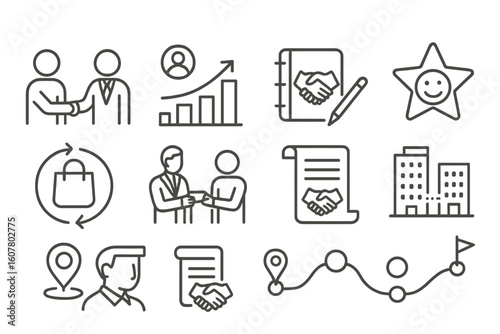 Set of 12 Business Line Icons, Featuring Partnership, Growth, Contract and E-Commerce Symbols