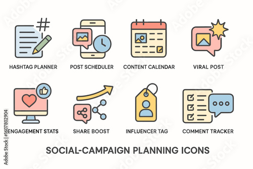 Set of Colorful Icons for Social Media Campaign Planning Including Hashtag, Scheduler, and Calendar