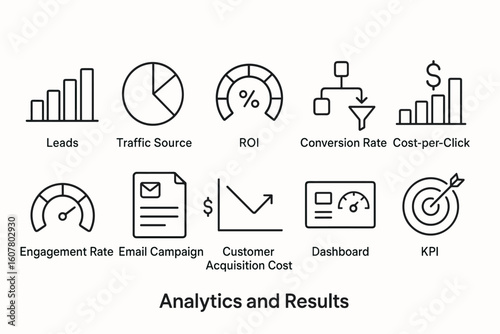 Line Icons Set for Analytics and Marketing: Leads, ROI, Conversion, Engagement, and More
