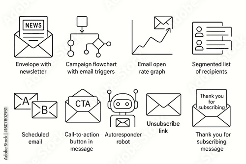 Vector set of 10 essential email marketing icons including newsletter, campaign flowchart and more