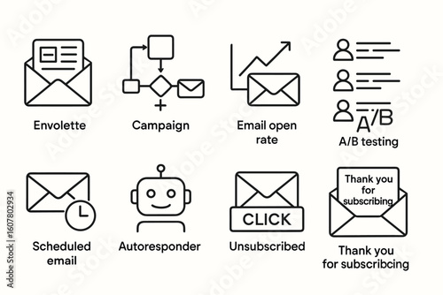 Set of 8 Email Marketing Icons Including Campaign, A/B Testing, and Unsubscribe