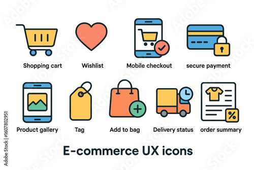 Colorful E-commerce UX Icons Set with Shopping Cart, Wishlist, and Secure Payment Icons