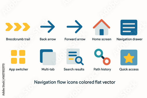 Set of Flat Vector Icons for Navigation Elements, Including Arrows, Home, and Search Icons