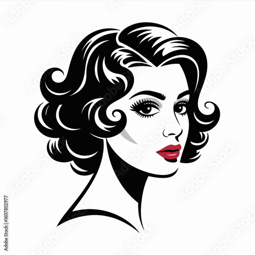 Elegant woman with dark curly hair and red lips portrait