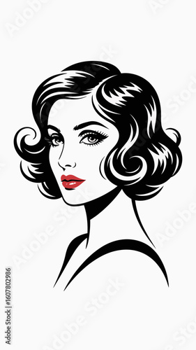 Elegant woman with vintage hairstyle and red lips face