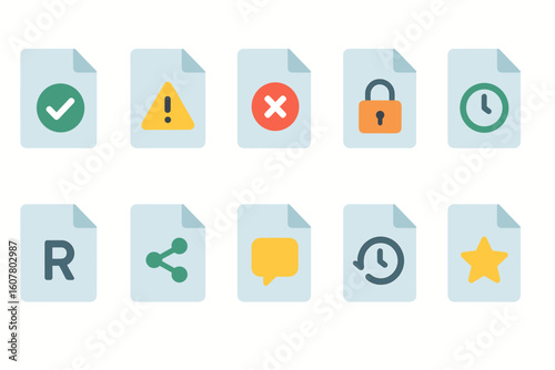 Set of 10 Flat File Icons: Approval, Warning, Error, Security, Scheduling and More Themes