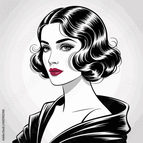 Elegant woman with vintage hairstyle and red lips waves