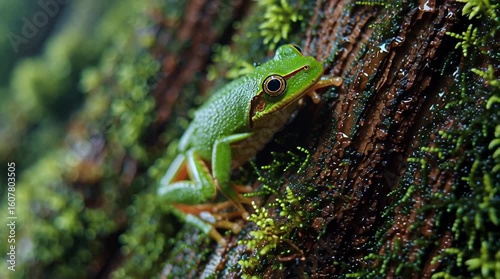Vibrant Green Tree Frog on a Mossy Tree Trunk / 苔生した木の幹に佇む鮮やかな緑色のアマガエル