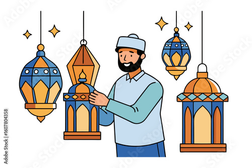 Man in traditional attire plays a lute under a crescent moon and star evoking ancient middle eastern artistry and music