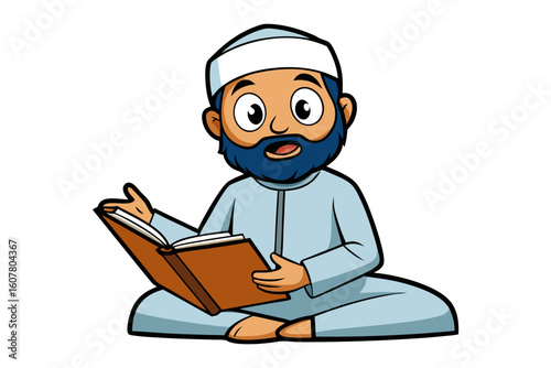 Joyful muslim man in traditional attire reading a holy book while sitting on a prayer mat