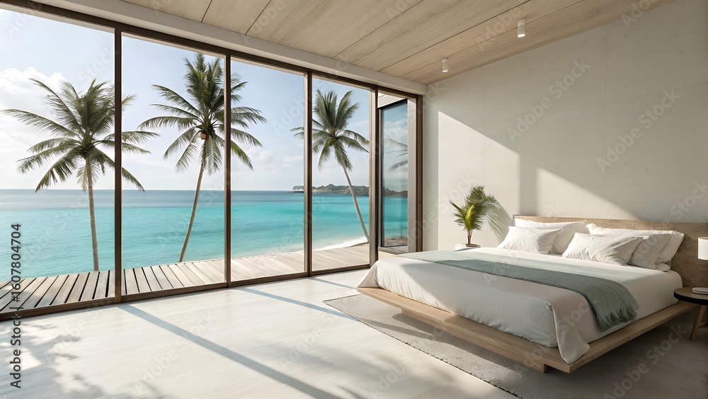 Fototapeta premium Serene beach bedroom oasis with stunning ocean views and tropical palm trees
