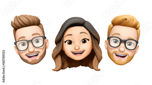 Three diverse memoji characters showcasing different hairstyles and facial expressions in a fun and engaging display for digital communication