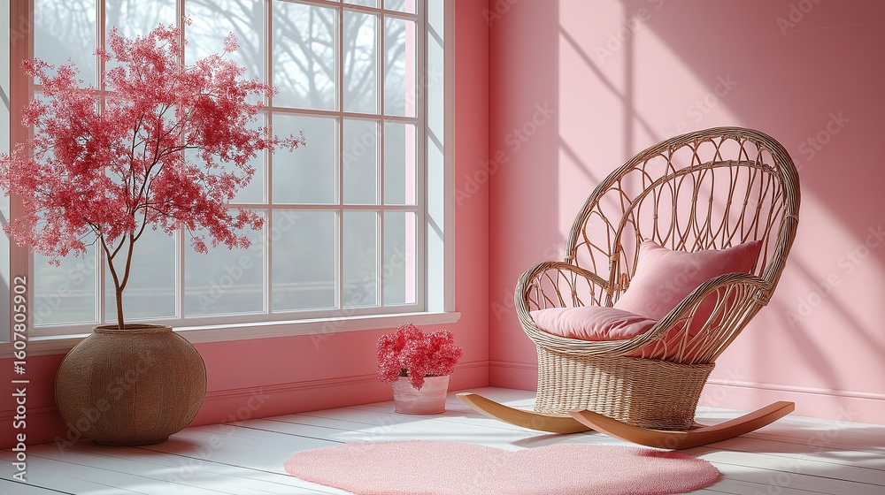 Fototapeta premium Cozy pink interior with a rocking chair and decorative plants in soft light