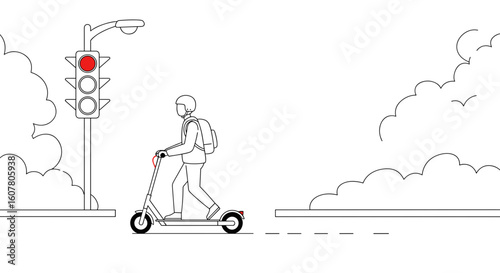 Person riding scooter at red traffic light in urban setting  