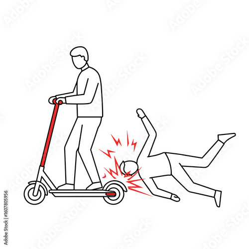 Man riding scooter while another man falls and gets injured - scooter crash situation in  simple icon style illustration