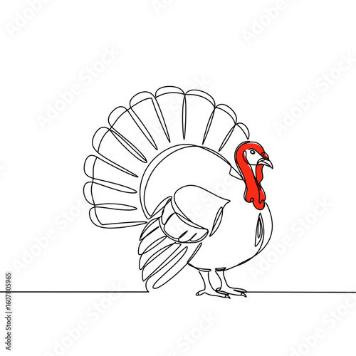 Continuous line art illustration of a turkey in profile view  