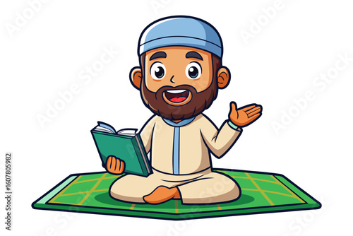 Smiling muslim man wearing traditional attire holds a tablet displaying arabic calligraphy and another device