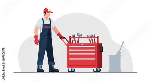 Professional Mechanic With Tool Cart Ready for Maintenance and Repairs