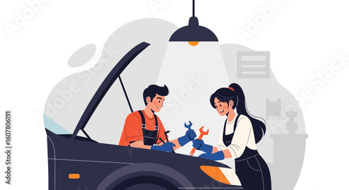Professional Mechanics Team Working Together In An Auto Repair Shop Illustration