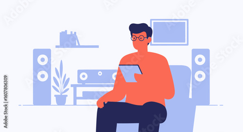 Man Using Tablet Sitting In Modern Living Room And Relaxing On The Sofa