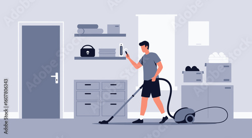 Man Vacuuming And Using Smartphone In The Laundry Room Flat Illustration