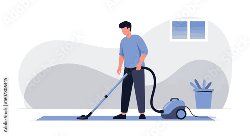 Man Vacuuming Floor For Cleaning Inside The House Flat Illustration Design