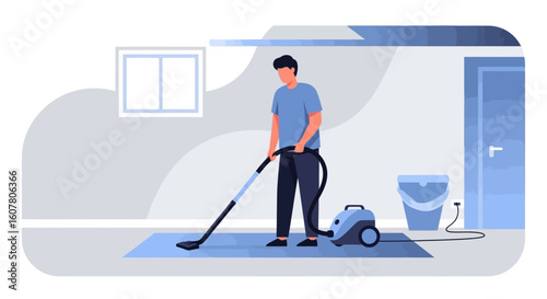 Man Vacuuming The Carpet In Room Using Modern Vacuum Cleaner Illustration