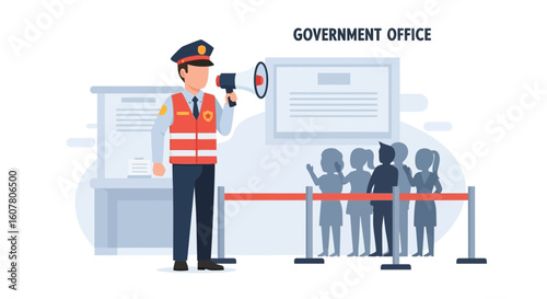 Man With Megaphone Directing People At The Government Office Illustration