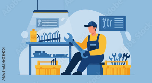 Mechanic Examining A Large Wrench In His Workshop With Tools Around