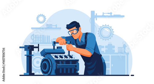 Mechanic Inspecting Car Engine With Spanner In Workshop Flat Vector Art