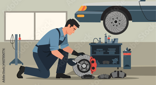 Mechanic Repairing Car Brake System At The Garage Automotive Maintenance