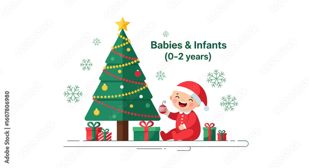 Naklejka premium Merry Christmas Illustration Of A Happy Baby With A Decorated Tree