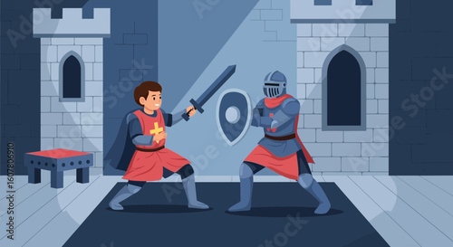 Medieval Knights Duel Inside Castle Illustration With Swords And Protective Armor