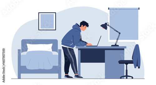 Modern Man Working From Home In Blue Minimalist Interior Illustration
