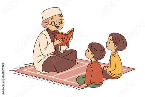 Joyful muslim boy wearing a kufi and glasses reads a book with enthusiasm